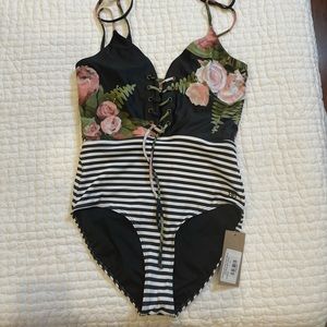 Albion fit stripe/floral one piece swimsuit